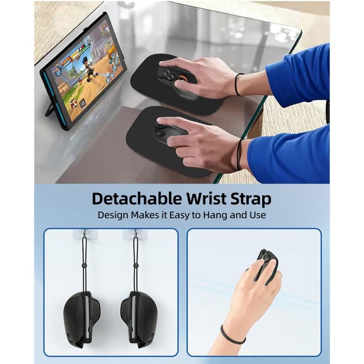 Black controller mouse grips with detachable wrist straps, hands holding during play