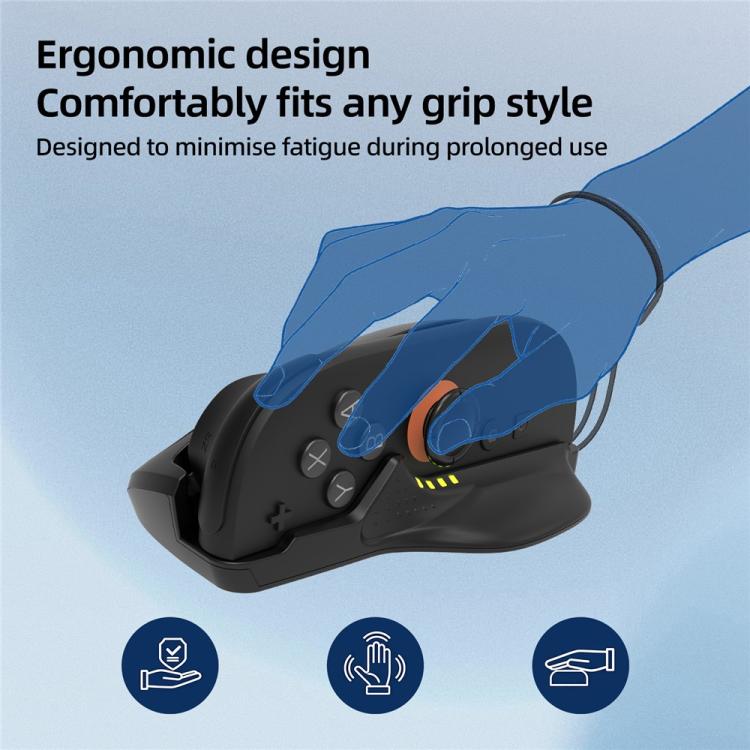 Black gaming mouse grip with ergonomic shape and wrist strap, LED indicator bars