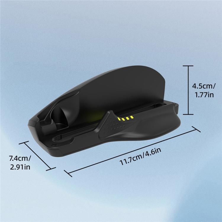 Black gaming mouse grip stand with LED indicator lights and side profile dimensions