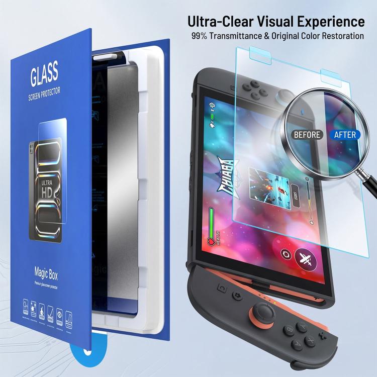 Tempered glass screen protector for Nintendo Switch 2, screen with clarity comparison
