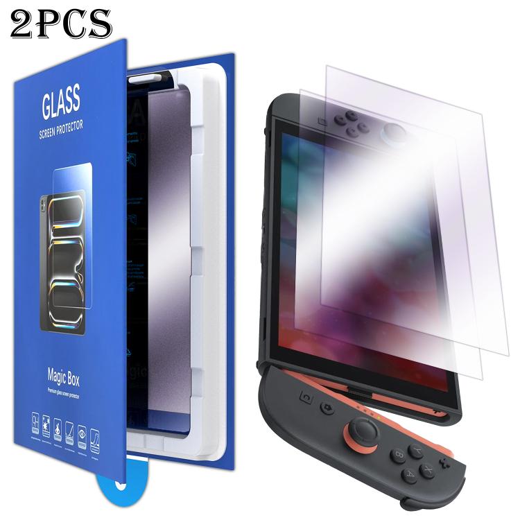 2-pack dust-free tempered glass screen protectors for Switch 2, purple light