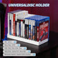 Universal disc holder with white rack and mixed blue, red, and dark game cases