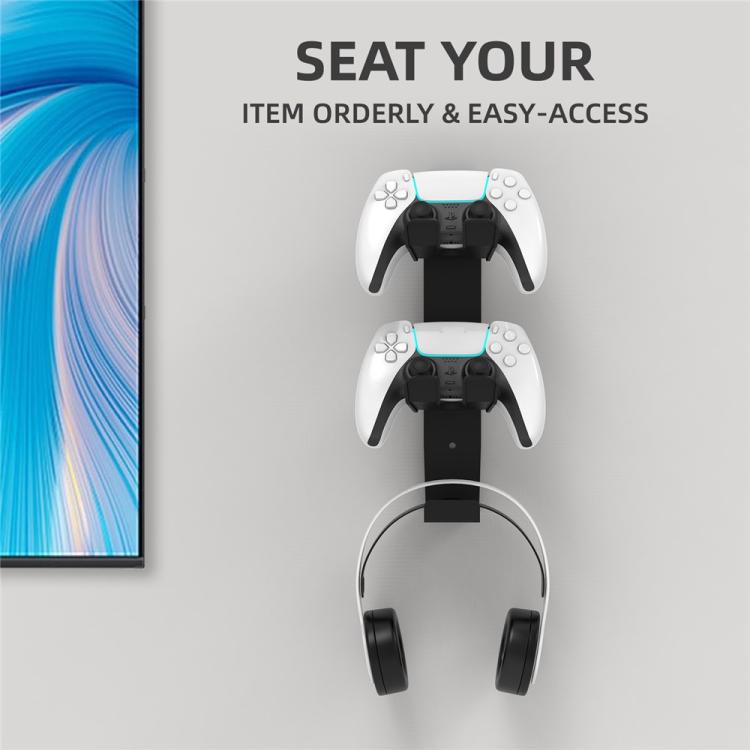 White wall mount stand with two controller holders and a headphone holder on wall