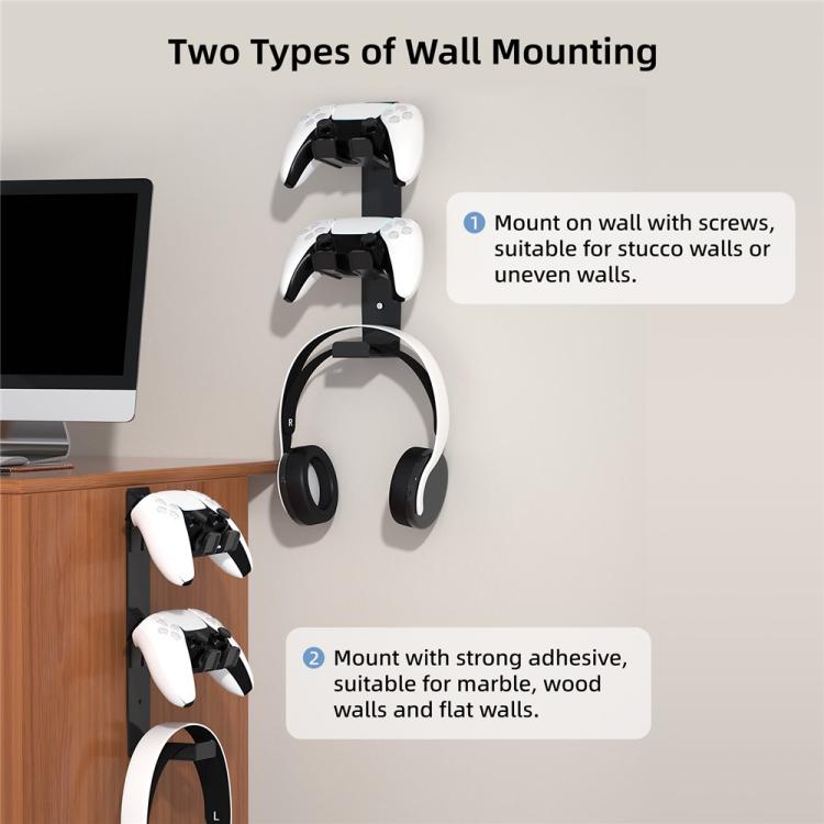 Wall mount stand for controllers and headphones, showing screws and strong adhesive options