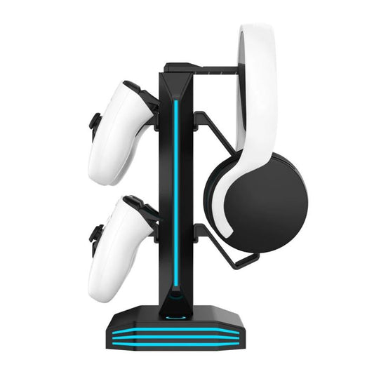 Black controller and headphone stand with blue RGB lighting strips