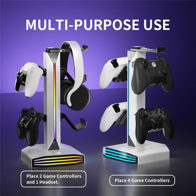 White gaming controller and headphone charging stand with multiple controller slots