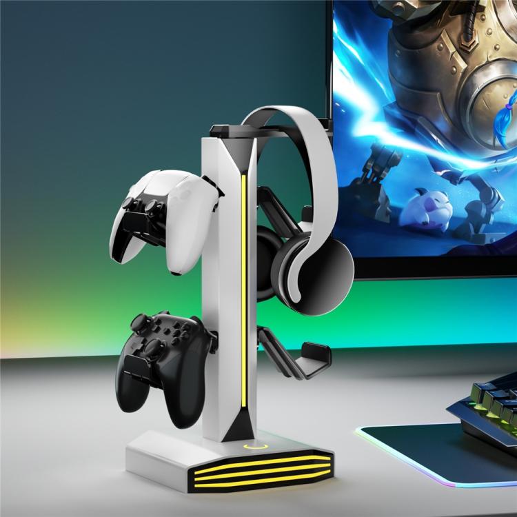 White controller and headphone stand with vertical RGB light bar