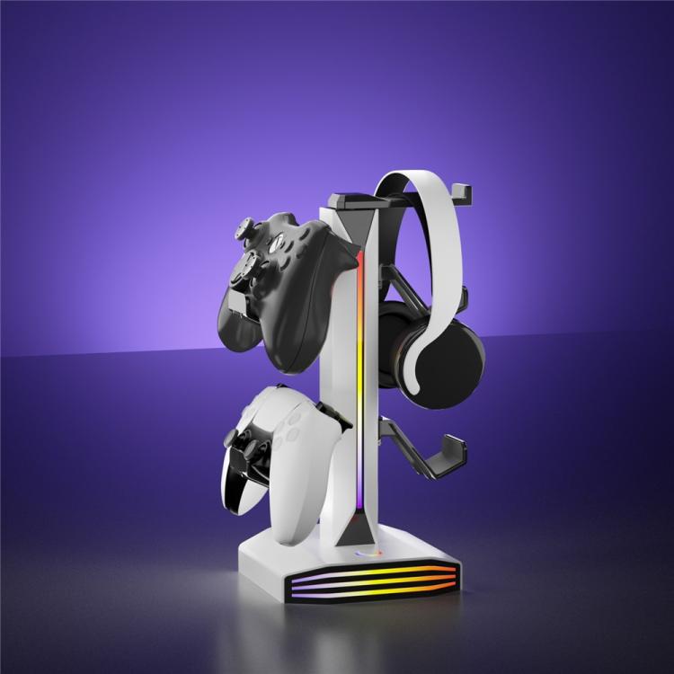 White gaming stand with headphone cradle and two controller holders