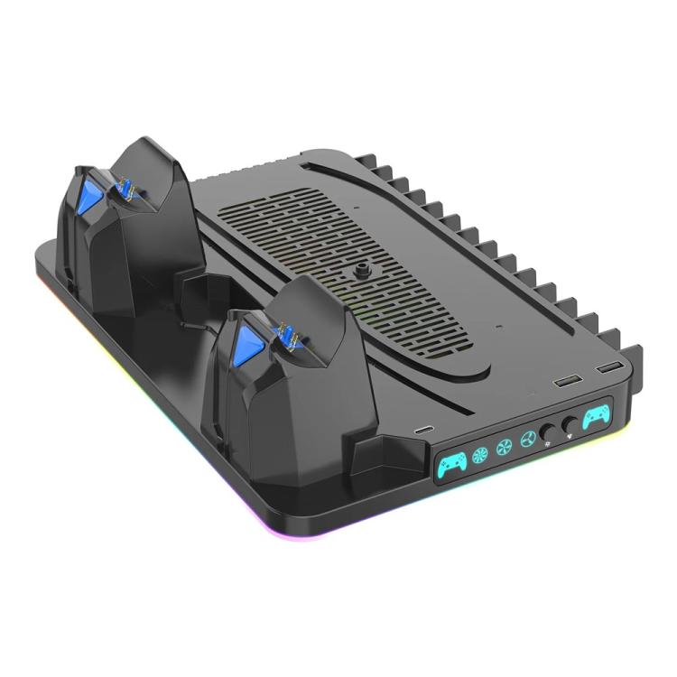 Black dual controller charging and cooling stand with storage rack and RGB accents