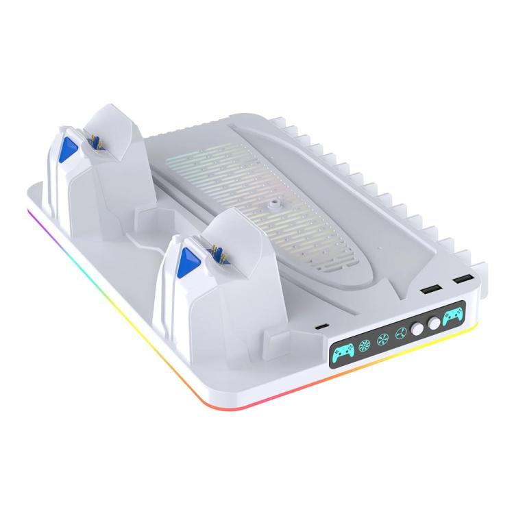 White dual controller charging and cooling stand with storage rack and RGB accents
