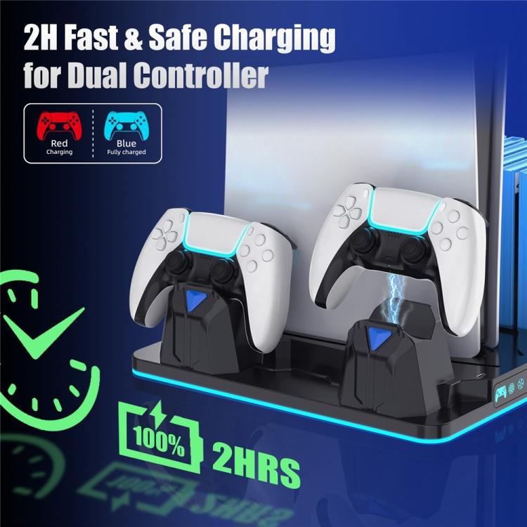 Black dual controller charging stand with two illuminated controller docks and base lights