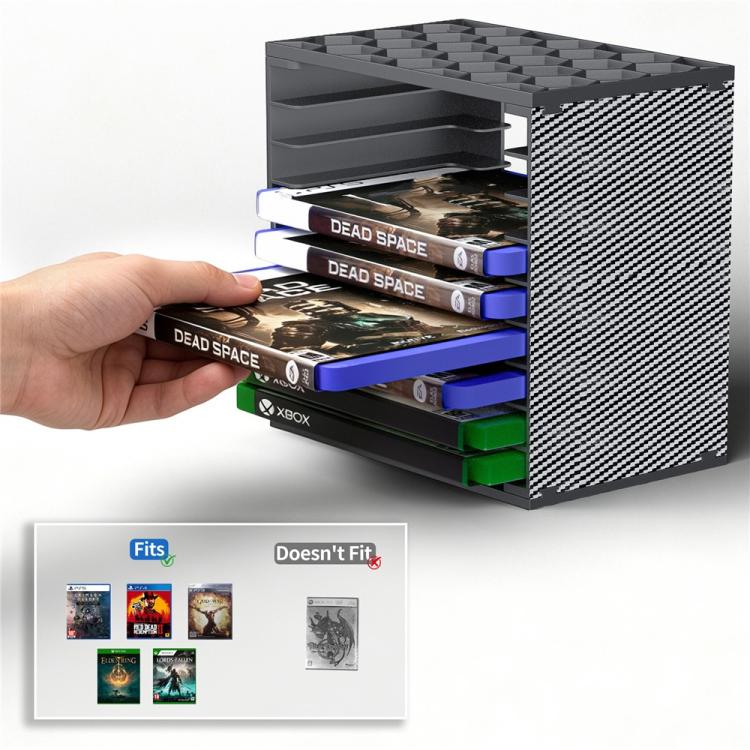 Game disc storage tower holding game cases and cartridges, black open-front design
