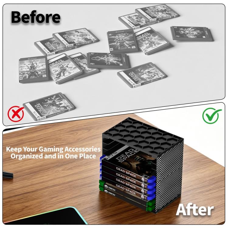 Modular game disc storage tower with hex-pattern top and stacked inner slots