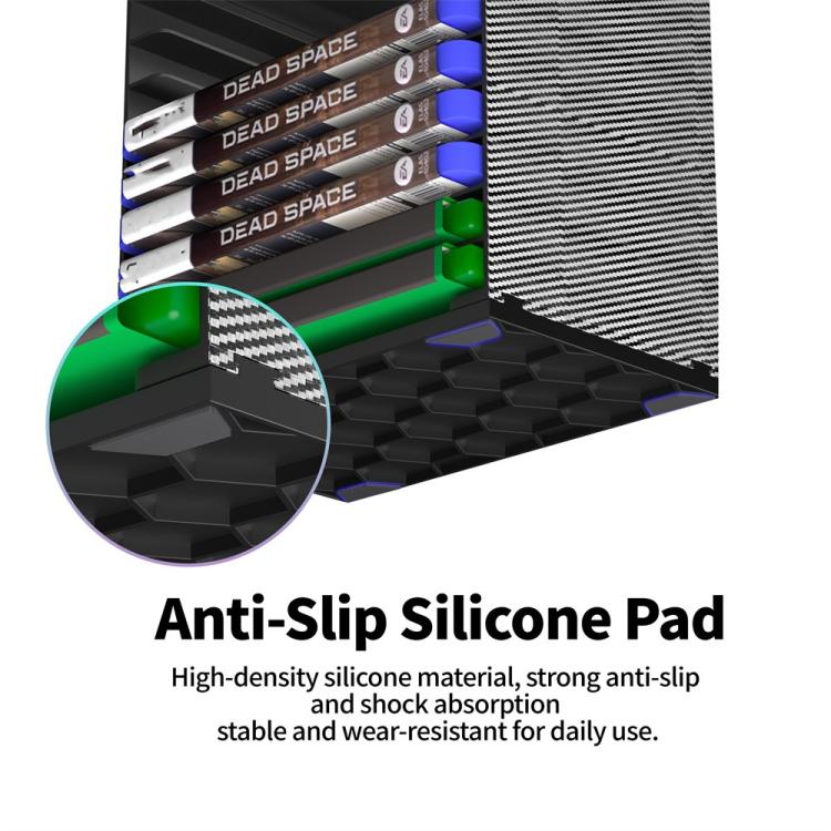 Anti-slip silicone pad detail for game disc storage tower, black base corner