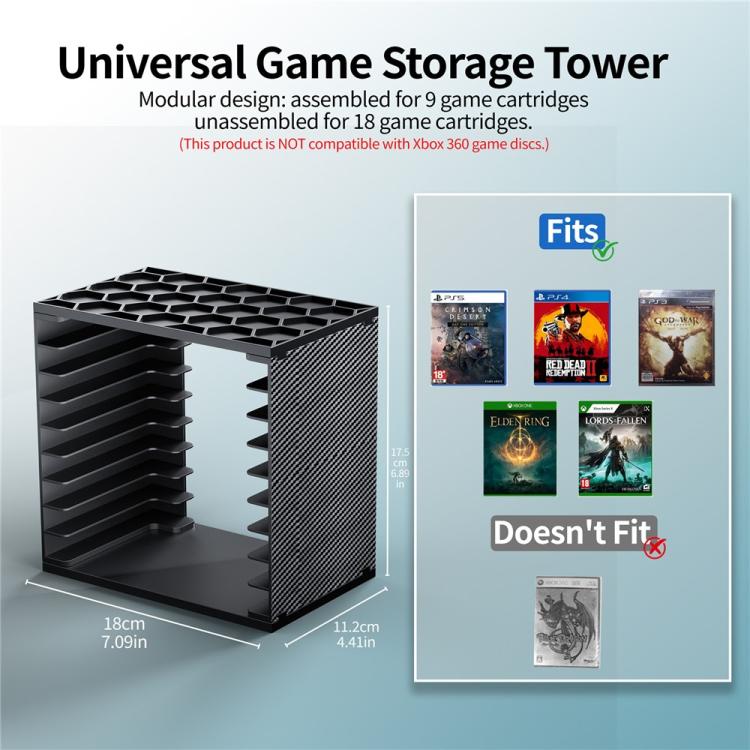 Universal game disc storage tower, black modular stand with open stacked shelves