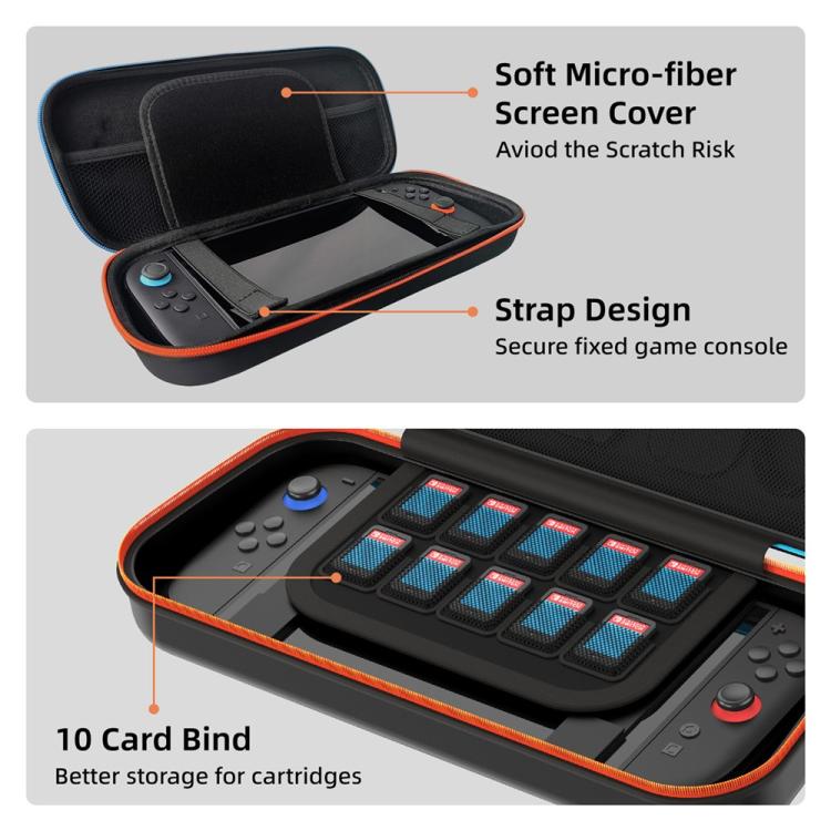 Open black game case with padded screen cover and multiple game-card slots, orange trim