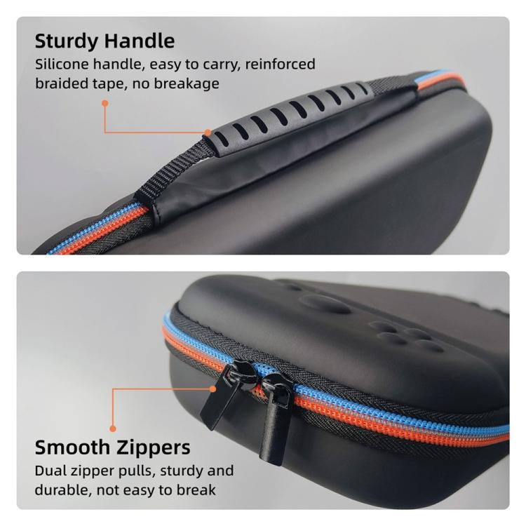 Black hard case with padded carry handle and orange-trimmed zipper with ribbed pull