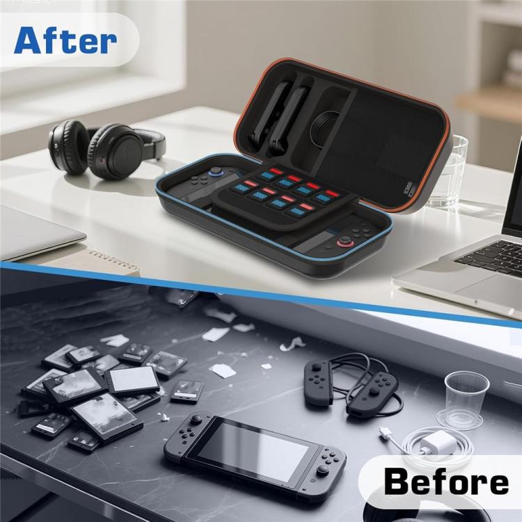 Open EVA hard-shell case on desk, dark gray interior with orange-trim organizer bays