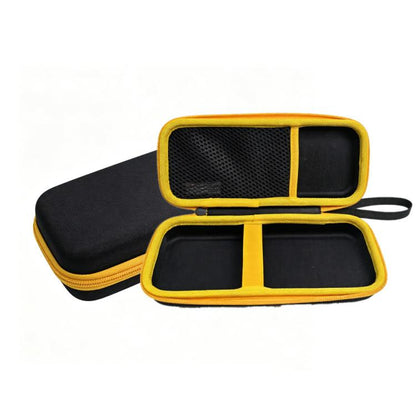 Hard clamp meter carrying case, black with yellow trim and zip closure.