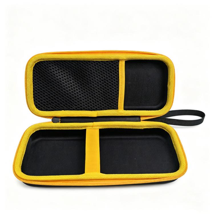 Hard clamp meter case, open view with yellow trim and two black interior compartments.