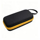 Hard carrying case with wrist strap, black fabric with yellow edge trim.