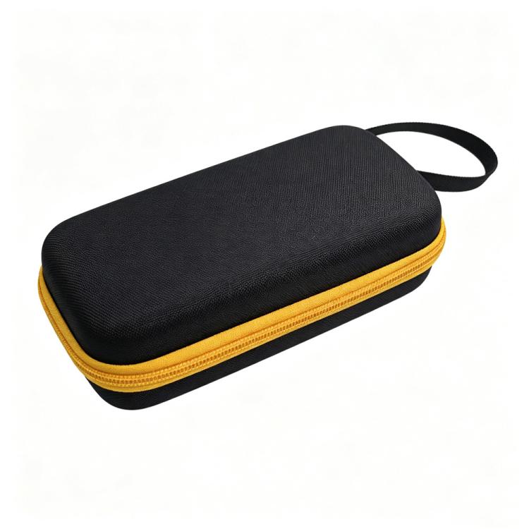 Hard carrying case with wrist strap, black fabric with yellow edge trim.