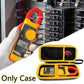 Hard clamp meter case, black with yellow trim, holding meter and red leads.