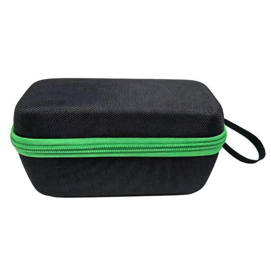 Black textured hard-shell case with green zipper band and wrist strap loop.