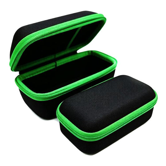 Black hard-shell carry case with green zipper, open to black foam interior.