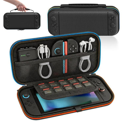 Nintendo Switch storage bag with hard EVA shell, open organizer, black with blue trim