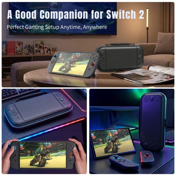 Nintendo Switch storage bag with hard shell, resting on tabletop with console