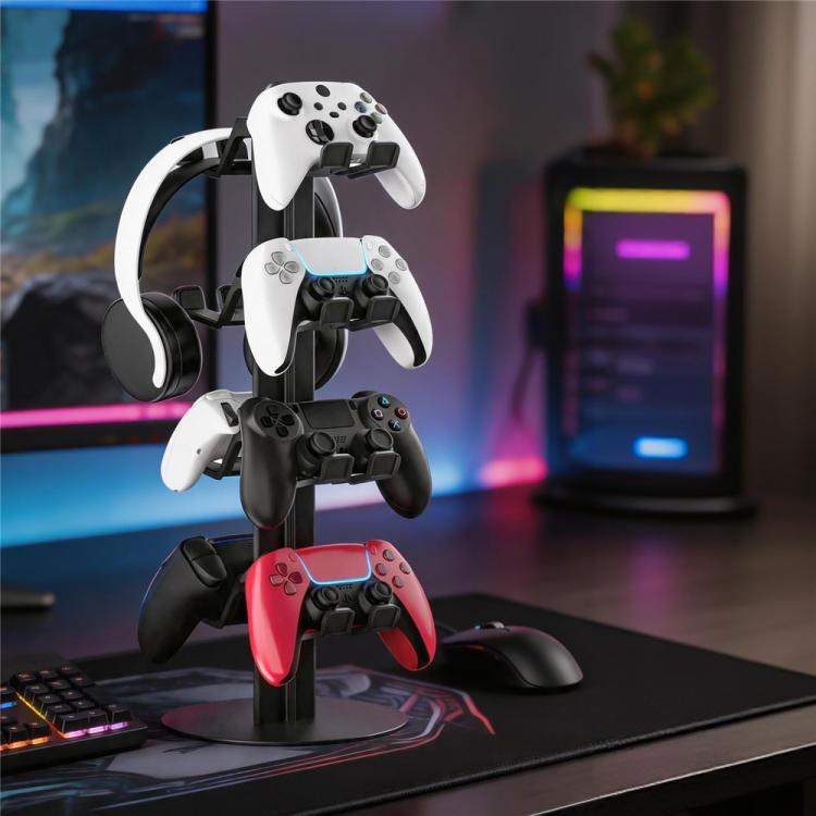 4-tier stand holding white and black controllers plus a headset on desk