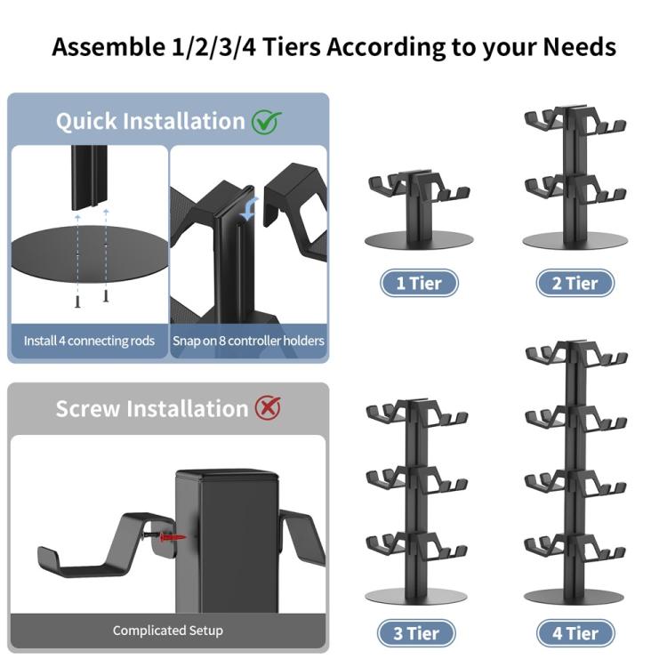 4-tier gaming controller and headset holder stand with 1–4 tier assembly layout