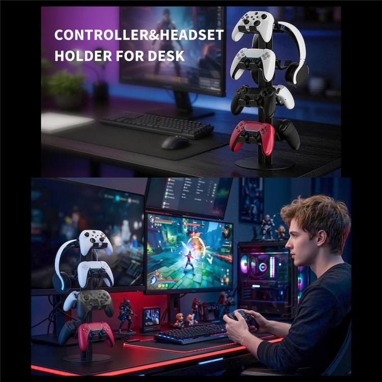 4-tier controller and headset holder stand on desk with multiple gamepads