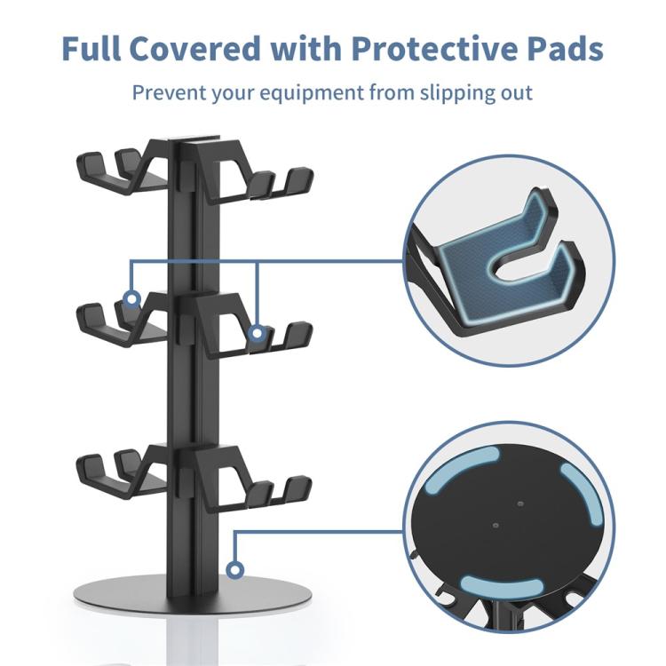 Black 3-tier controller stand with protective pad grips on each holder arm