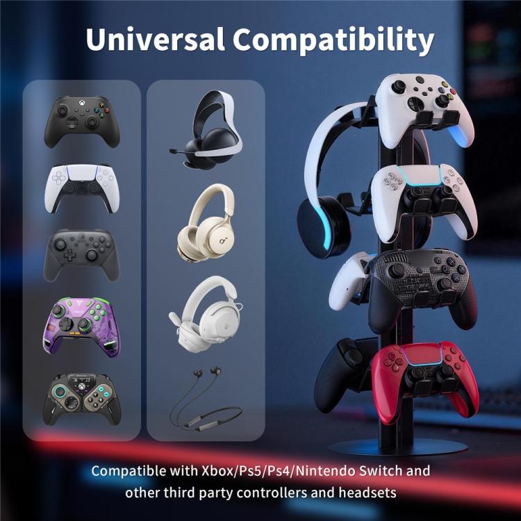 Universal 3-tier gaming controller stand holding game controllers and headsets
