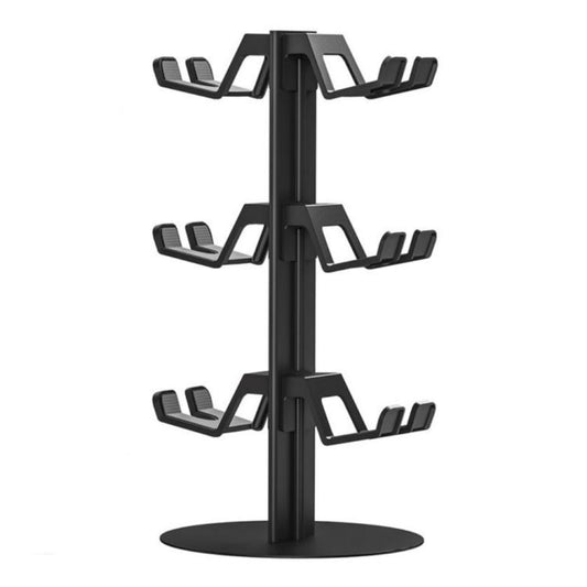 3-tier gaming controller stand with three rows of holder arms and round base, black