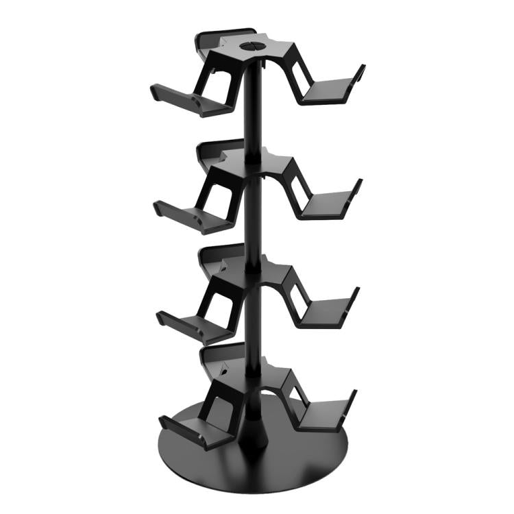 Black 4-tier rotating game controller and headphone stand with cradle arms and round base