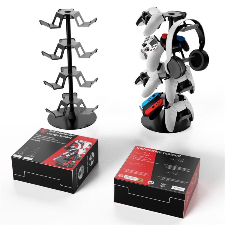 Black 4-tier rotating game controller stand with angled cradle arms
