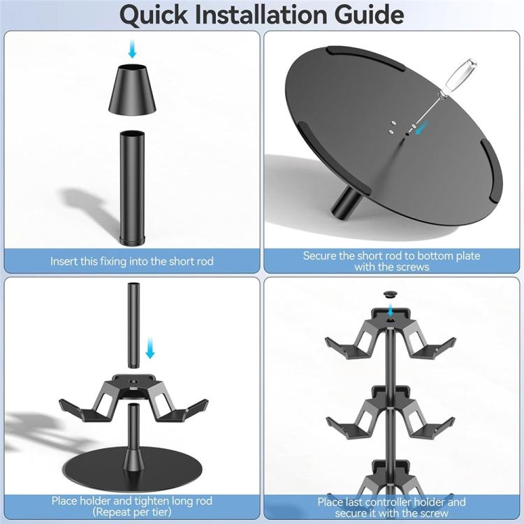 Controller stand installation guide showing base, rod, and arm holder assembly