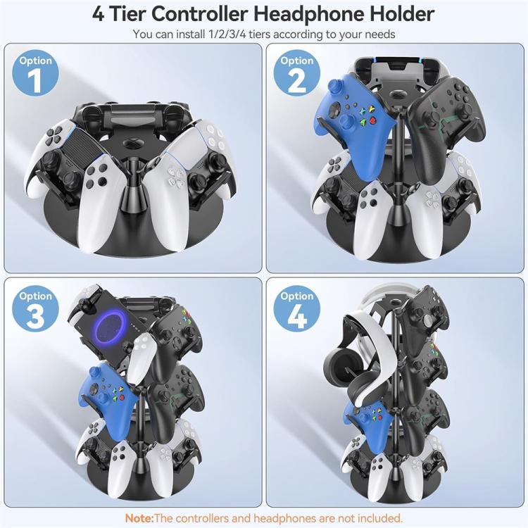 Black 4-tier controller and headphone holder stand with interchangeable arm tiers