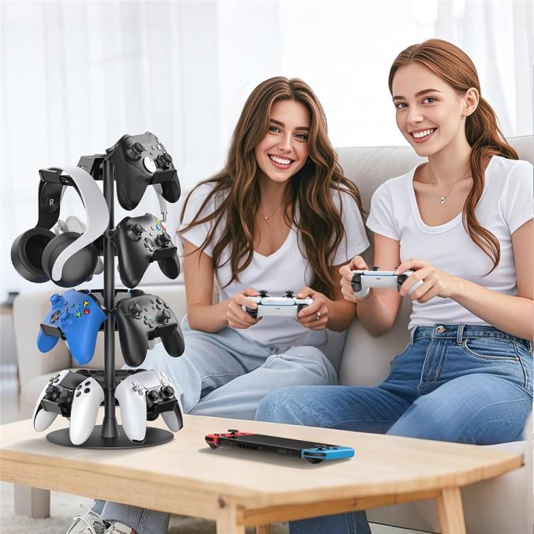 4-tier rotating controller stand holding multiple controllers and a headset, black