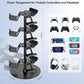 Black four-tier controller and headset stand with multiple cradle arms