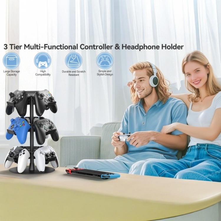 Three-tier rotating controller and headphone holder stand on a table, showing stacked arms