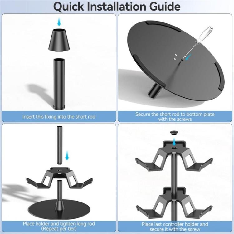 Assembly guide parts for a three-tier rotating controller stand, including base and rods