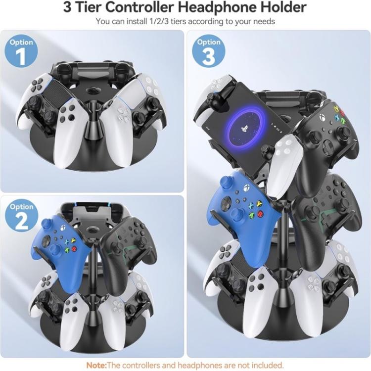 Three-tier rotating controller and headphone holder stand, showing different controller placements