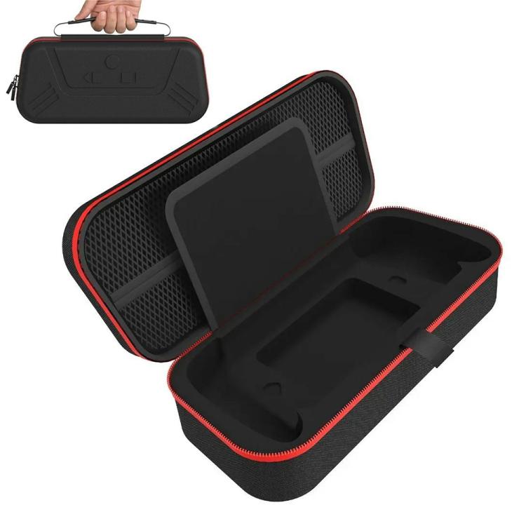Black EVA shockproof case with red trim, open front and cushioned interior compartments.