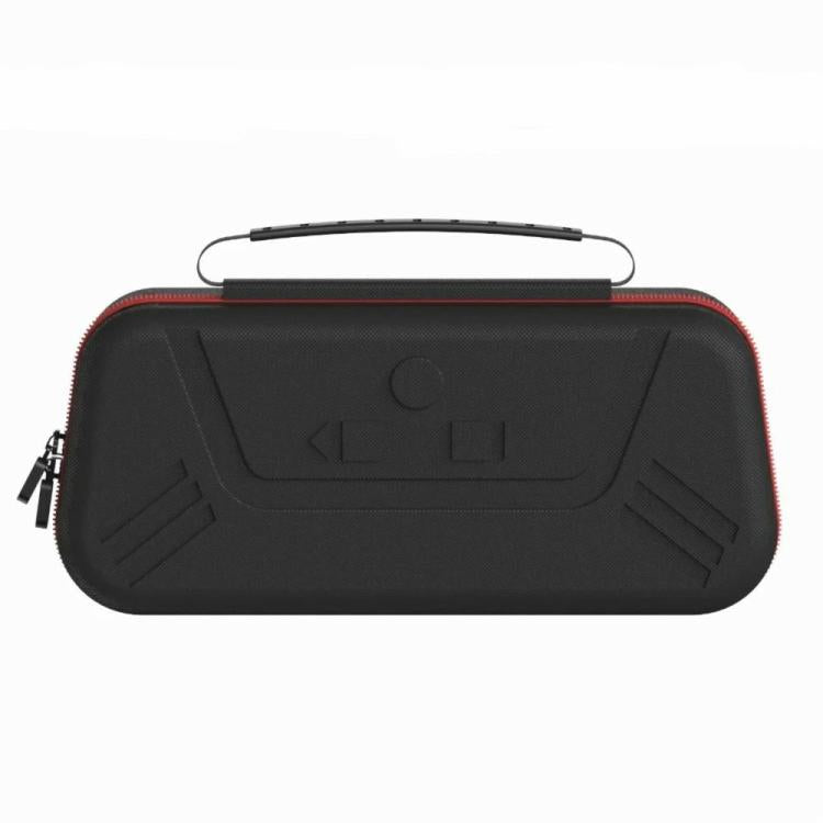 Closed black EVA protective case with red zipper trim and molded carry handle on top.