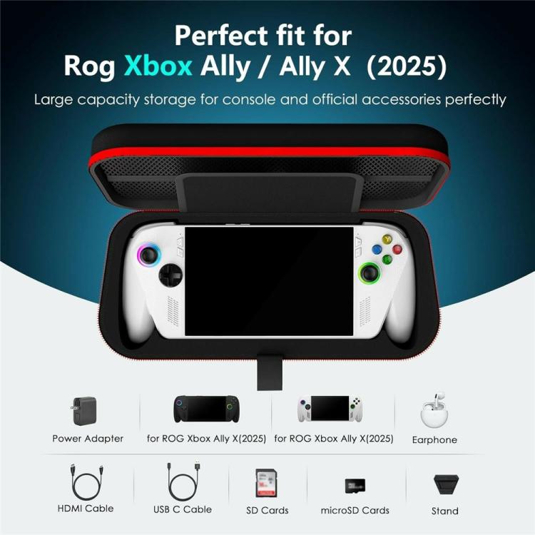 Black EVA case with red trim holding a handheld gaming console in a fitted interior tray.