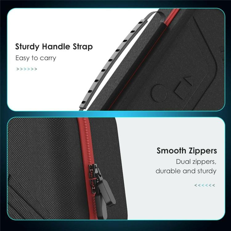 Black EVA case detail: sturdy handle strap and dual red zippers on textured shell.